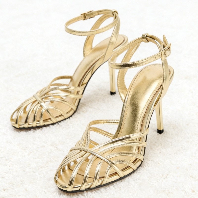 Ankle Strap Attachment - Сексуальные золотые полые сандалии на высоком